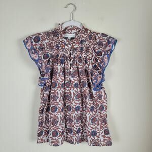 House Of Harlow 1960 Top Medium White Paisley Smocked High Neck Flutter Boho